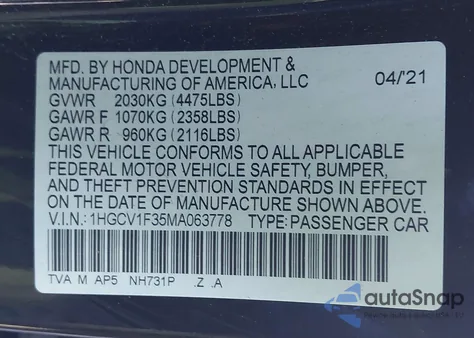 2021 Honda Accord Sport from USA, damaged, VIN 1HGCV1F35MA063778